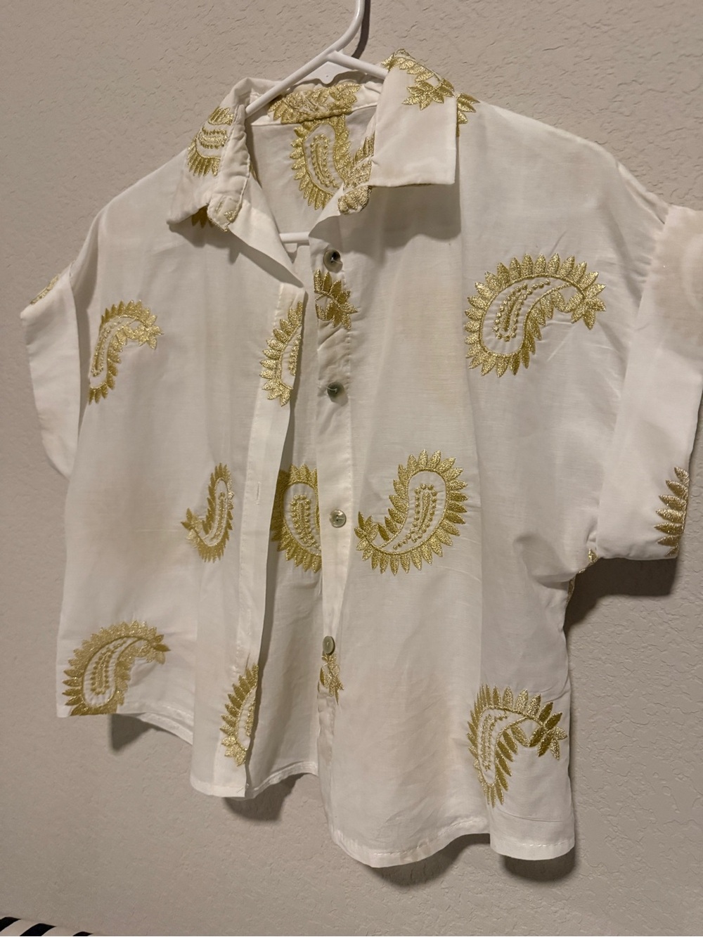 White Button-Up Top with Gold Paisley Embroidery